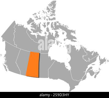Map of Canada with the provinces, Saskatchewan is highlighted by orange. Stock Vector