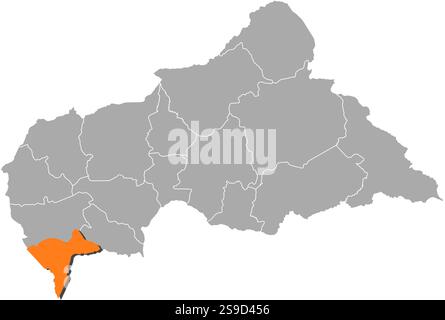 Map of Central African Republic with the provinces, Sangha-Mbaéré is highlighted by orange. Stock Vector