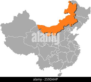 Map of China with the provinces, Inner Mongolia is highlighted by orange. Stock Vector