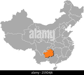 Map of China with the provinces, Guizhou is highlighted by a hatching ...