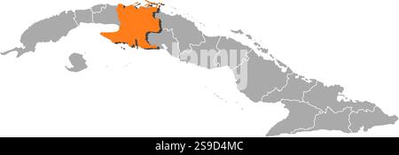 Map of Cuba with the provinces, Matanzas is highlighted by orange. Stock Vector