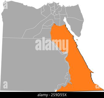 Map of Egypt with the provinces, Red Sea is highlighted by orange. Stock Vector