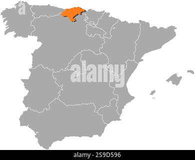 Map of Spain with the provinces, Cantabria is highlighted by orange. Stock Vector