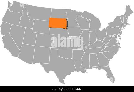 Map of United States with the provinces, South Dakota is highlighted by orange. Stock Vector