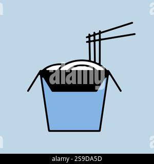 Noodles in thin line box with chopsticks vector icon. Fast food sign. Graph symbol for cooking web site and apps design, logo, app, UI Stock Vector