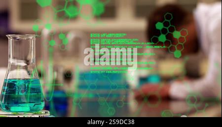 Chemical formulas and molecular structures image over scientist working in laboratory Stock Photo