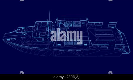 Blue image of a boat with a blue background. The boat is shown in a 3D format, with a blue color scheme. The boat appears to be a large ship Stock Vector