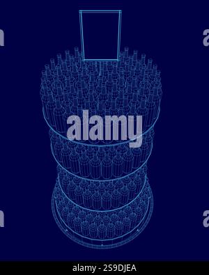 The image is a blue drawing of a tall stack of wine bottles. The bottles are arranged in a pyramid shape, with each level having more bottles than the Stock Vector