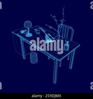 Blue computer desk with a laptop, a vase, a bowl, a cup, a book, a mouse, and a keyboard Stock Vector