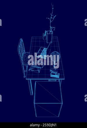 Computer desk with a laptop, a vase, and a book. The laptop is turned on and the vase is filled with flowers. The desk is a simple Stock Vector