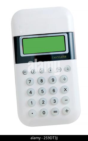 White functional calculator with a vibrant green display, showcasing a clean and modern design for educational, business, or personal use. Isolated on Stock Photo