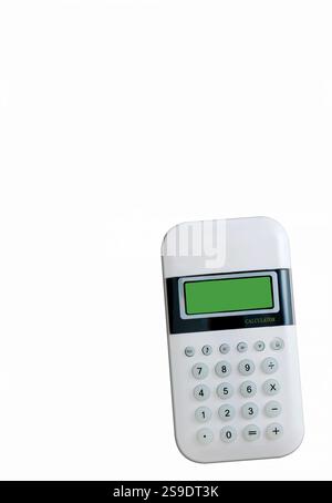 White electronic calculator featuring a green display and gray buttons, placed on a white background. The minimalist design emphasizes technology, cal Stock Photo