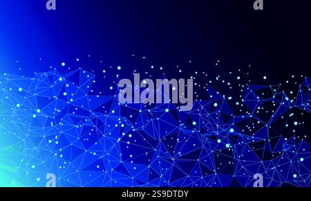 Abstract Futuristic Digital Landscape with Particle Dots, Stars, and Horizon Line, Featuring a Geometric Connection Structure and Blue Grid Design. Stock Vector