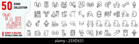 Kidney and Dialysis editable stroke icons, Kidney icons includes stone, gallbladder stone, Dialysis Machine Stock Vector