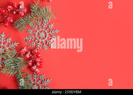 Beautiful snowflakes with fir branches and berries on red background Stock Photo