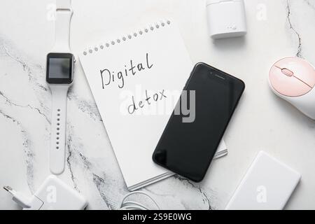 Notebook with text DIGITAL DETOX and different gadgets on light background Stock Photo