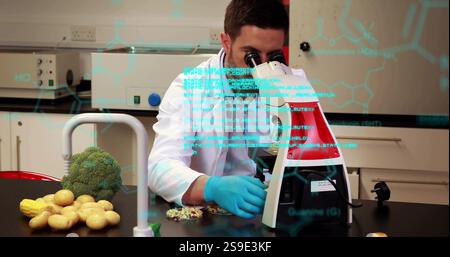 Scientist examining samples under microscope, molecular structure image over laboratory scene Stock Photo