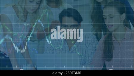 Analyzing financial data image over diverse business team working on laptop Stock Photo