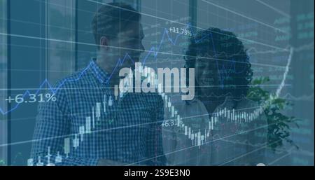 Financial data charts and graphs image over business people analyzing information Stock Photo