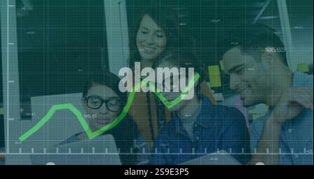 Financial data graph image over diverse business team collaborating on project Stock Photo