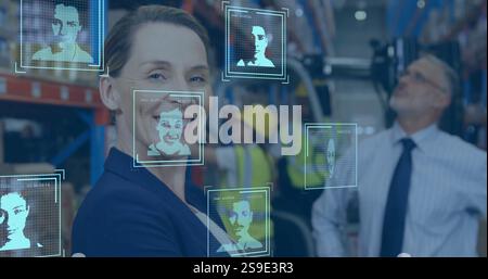 Facial recognition image over warehouse workers and smiling businesswoman Stock Photo