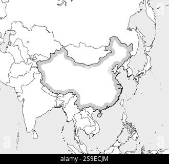 Map of China and nearby countries in black and white, China is highlighted by a hatching. Stock Vector