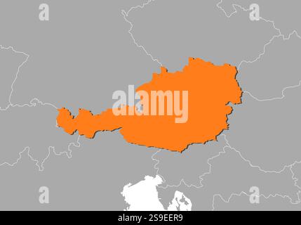 Map of Austria and nearby countries, Austria is highlighted in orange. Stock Vector