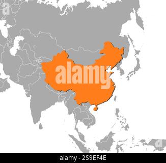 Map of China and nearby countries, China is highlighted in orange. Stock Vector