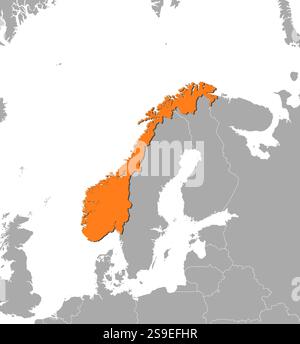 Map of Norway and nearby countries, Norway is highlighted in orange. Stock Vector