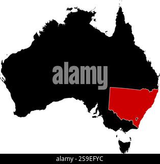 Map of Australia in black, New South Wales is highlighted in red. Stock Vector