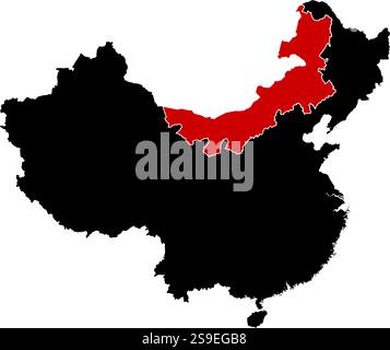 Map of China in black, Inner Mongolia is highlighted in red. Stock Vector