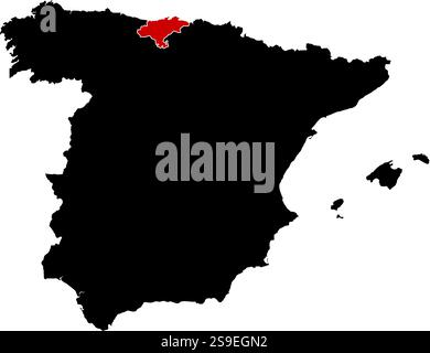 Map of Spain in black, Cantabria is highlighted in red. Stock Vector