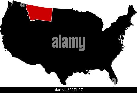 Map of United States in black, Montana is highlighted in red. Stock Vector