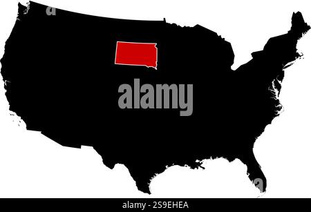 Map of United States in black, South Dakota is highlighted in red. Stock Vector
