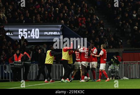 (250126) -- PARIS, Jan. 26, 2025 (Xinhua) -- Stade de Reims' players celebrate their goal during  a French Ligue 1 football match between Paris Saint-Germain and Stade de Reims in Paris, France, Jan. 25, 2025 (Xinhua/Gao Jing) Stock Photo