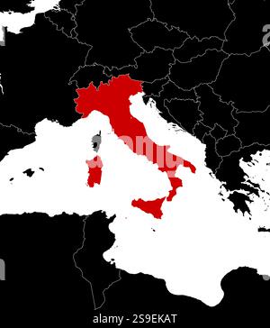 Map of Italy and nearby countries in black and white, Italy is