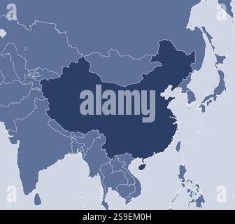 Map of China and nearby countries, China is highlighted. Stock Vector