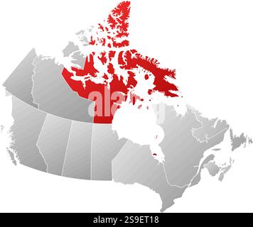 Map of Canada with the provinces, filled with a linear gradient, Nunavut is highlighted. Stock Vector