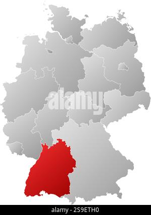 Map of Germany with the provinces, filled with a linear gradient, Baden-Württemberg is highlighted. Stock Vector
