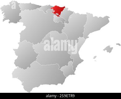 Map of Spain with the provinces, filled with a linear gradient, Basque Country is highlighted. Stock Vector