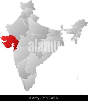 Map of India with the provinces, filled with a linear gradient, Gujarat is highlighted. Stock Vector