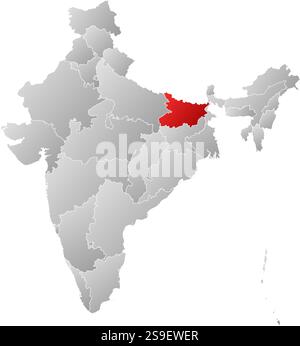 Map of India with the provinces, filled with a linear gradient, Bihar is highlighted. Stock Vector