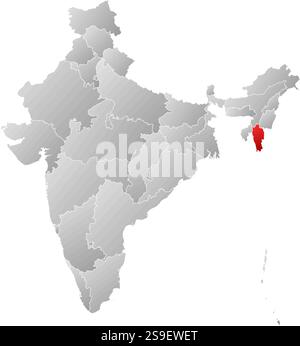 Map of India with the provinces, filled with a linear gradient, Mizoram is highlighted. Stock Vector