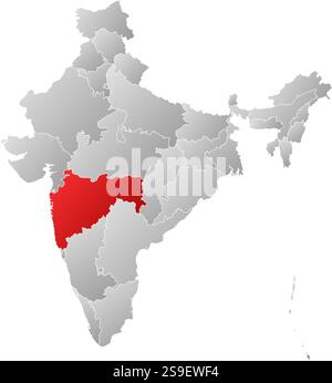 Map of India with the provinces, filled with a linear gradient, Maharashtra is highlighted. Stock Vector