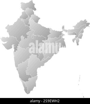 Map of India with the provinces, filled with a linear gradient, Puducherry is highlighted. Stock Vector