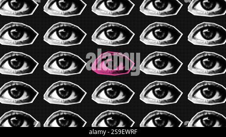 Trendy vintage vector collage pattern in halftone style. One pink open eye watching among many black and white eyes Stock Vector