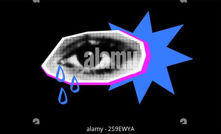 A trendy halftone collage illustration with a crying womans eye Stock Vector