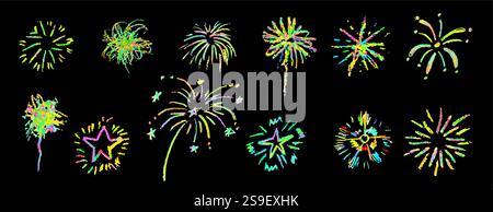 Firework set on black background. Crayon pencil drawing round geometric shapes and swirl. Neon color victory signs collection. Like kid painting hand Stock Vector