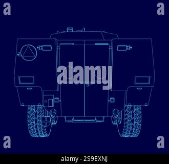 Blue drawing of a vehicle with a triangle on the hood. The vehicle is a truck. The drawing is in blue Stock Vector