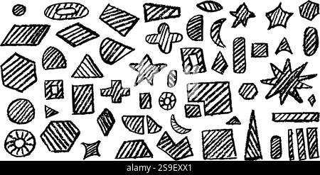 Set of basic geometric shapes. Circle, square, rectangle, triangle and other polygons drawn with charcoal. Collection of shaded geometric symbols for Stock Vector